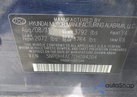 2012 Hyundai Elantra Limited z USA, uszkodzony, nr VIN 5NPDH4AE7CH094204